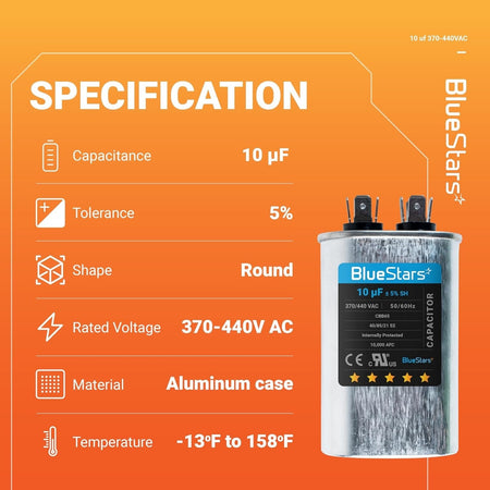 Specification chart for 10uF 370/440VAC CBB65 round run start capacitor with technical details.