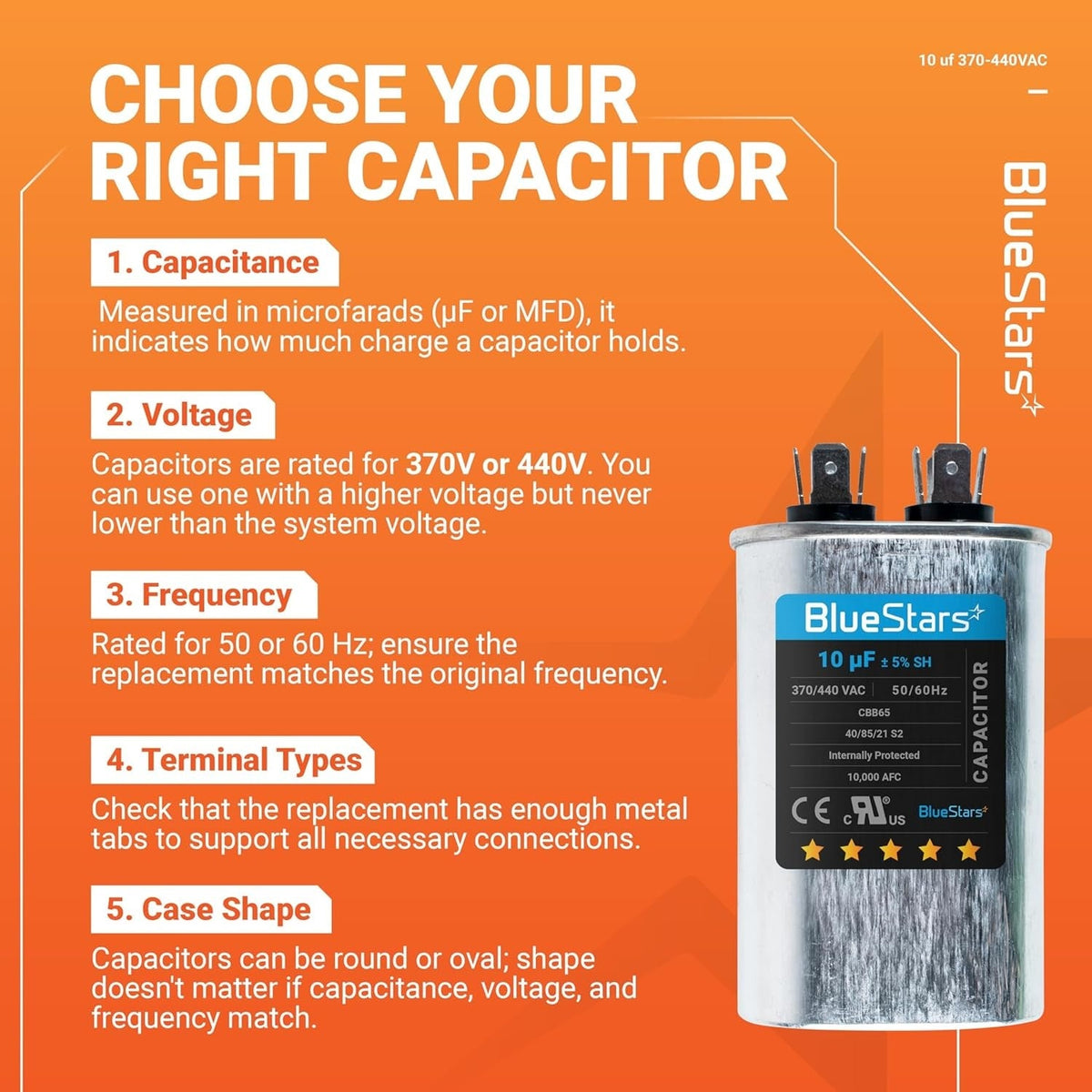 Infographic guide for selecting a 10 uF 370/440 VAC CBB65 run start capacitor for AC and motor applications.