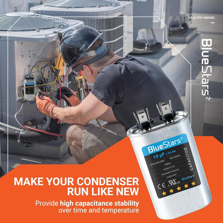 10 uF 370/440 VAC CBB65 run capacitor shown in a promotional graphic with an HVAC technician repairing an AC unit.