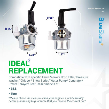 696065 697422 carburetor replacement with dimension labels for tiller and generator engines.