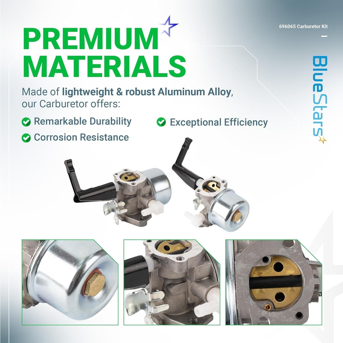 Infographic showing aluminum alloy 696065 697422 carburetor features and close-up details for tiller and engine repair.