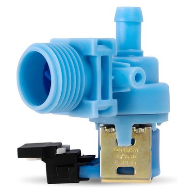 Blue dishwasher water inlet valve replacement for Whirlpool and Kenmore appliances.