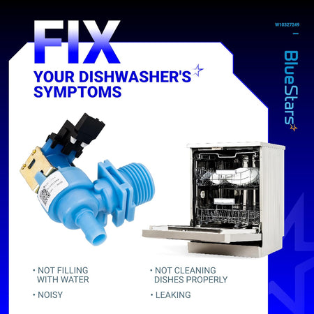 Dishwasher water inlet valve replacement part W10327249 shown with a dishwasher to illustrate common repair symptoms.