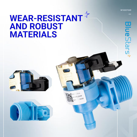 Dishwasher water inlet valve replacement for Whirlpool and Kenmore, showing multiple angles of the blue valve component.