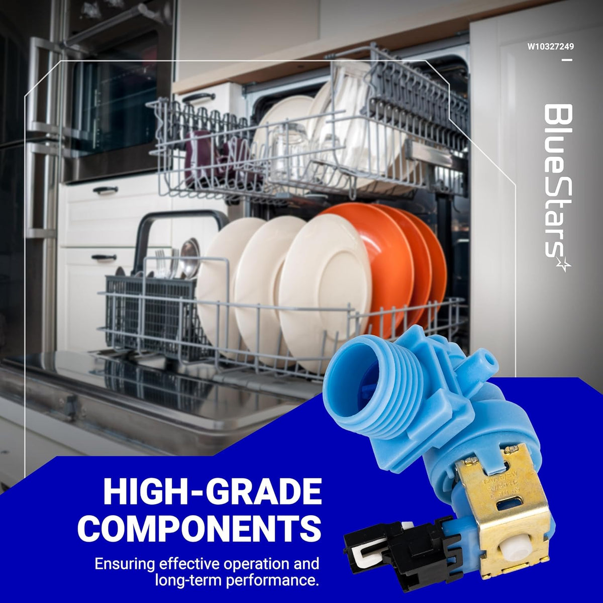 BlueStars W10327249 dishwasher water inlet valve replacement part shown against a dishwasher background.