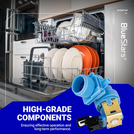 BlueStars W10327249 dishwasher water inlet valve replacement part shown against a dishwasher background.