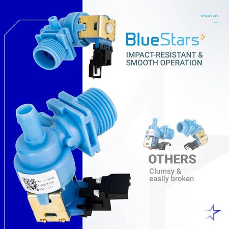 BlueStars W10327249 dishwasher water inlet valve replacement showing product features and comparison.