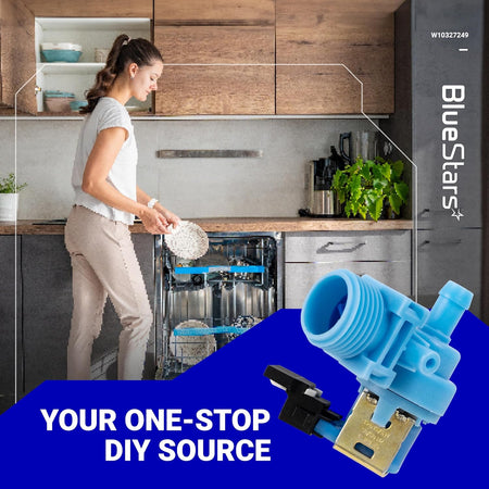BlueStars dishwasher water inlet valve replacement part W10327249 for Whirlpool and Kenmore dishwashers.