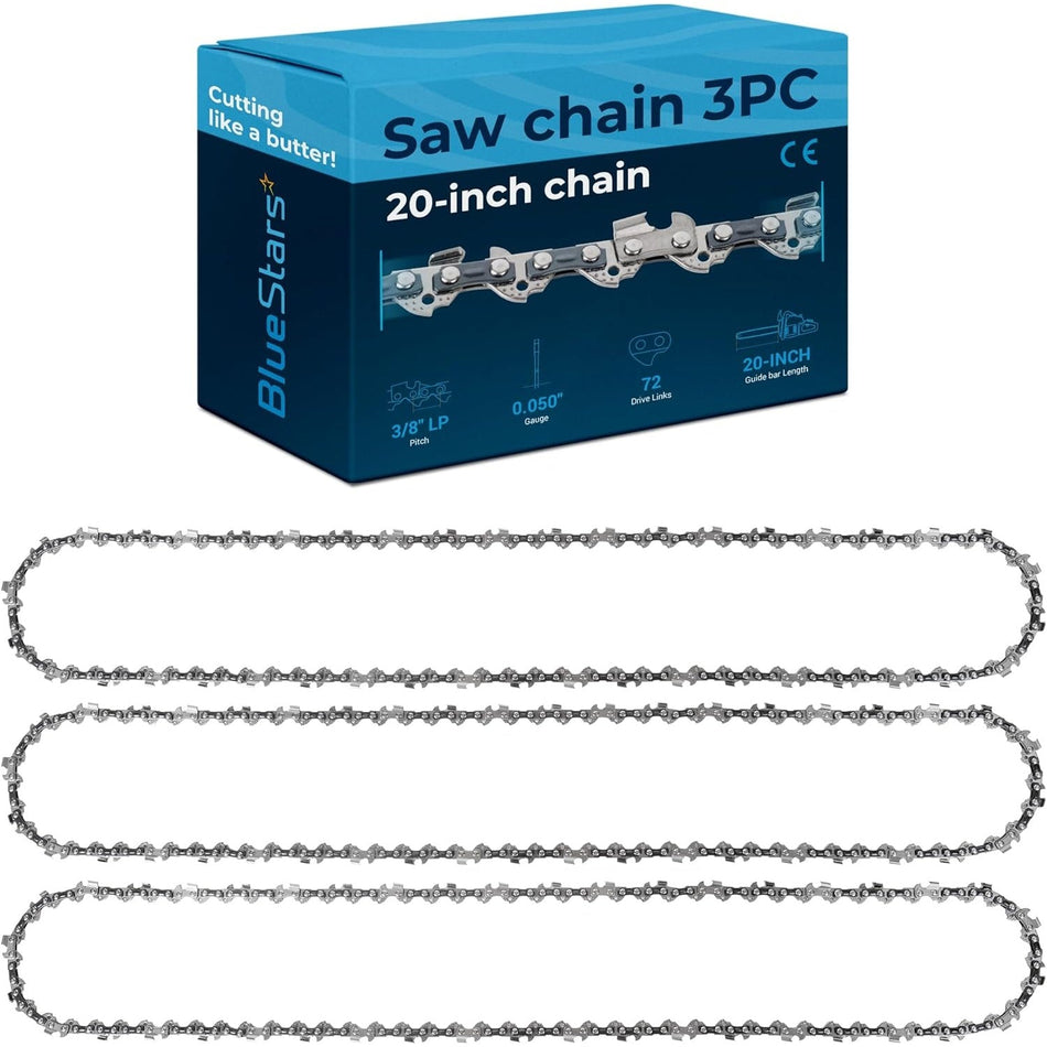 Three 20-inch chainsaw chains with 3/8 inch LP pitch, 0.050 gauge, and 72 drive links in BlueStars retail packaging.