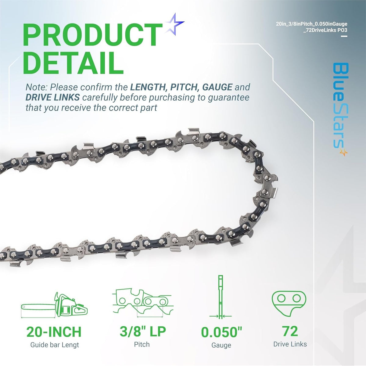 Infographic showing 20-inch chainsaw chain specifications including 3/8 inch LP pitch, 0.050 gauge, and 72 drive links.