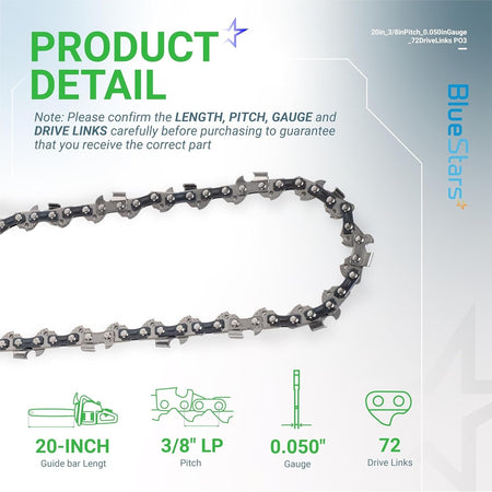 Infographic showing 20-inch chainsaw chain specifications including 3/8 inch LP pitch, 0.050 gauge, and 72 drive links.