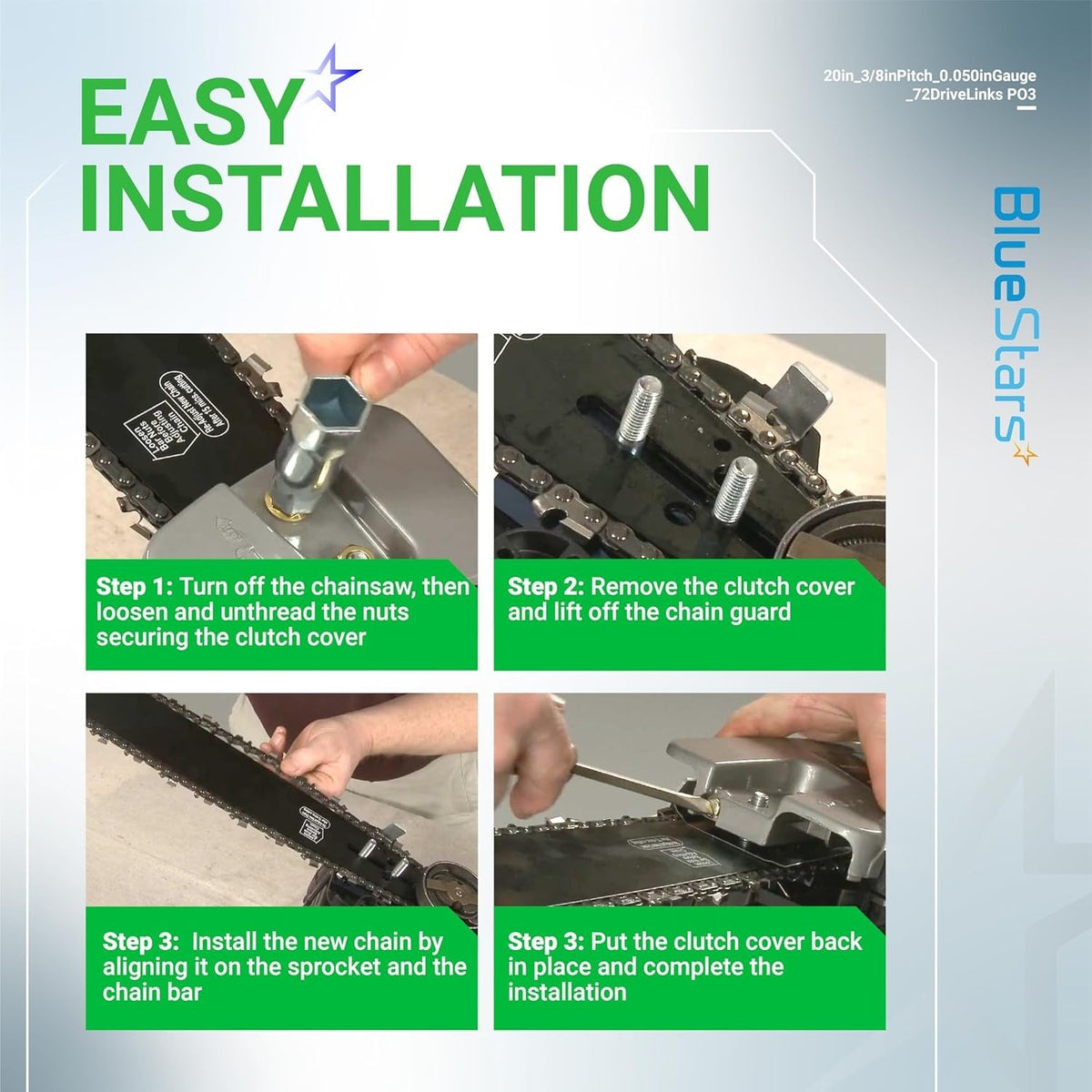 Step-by-step installation guide for 20-inch chainsaw chain replacement on compatible chainsaw models.