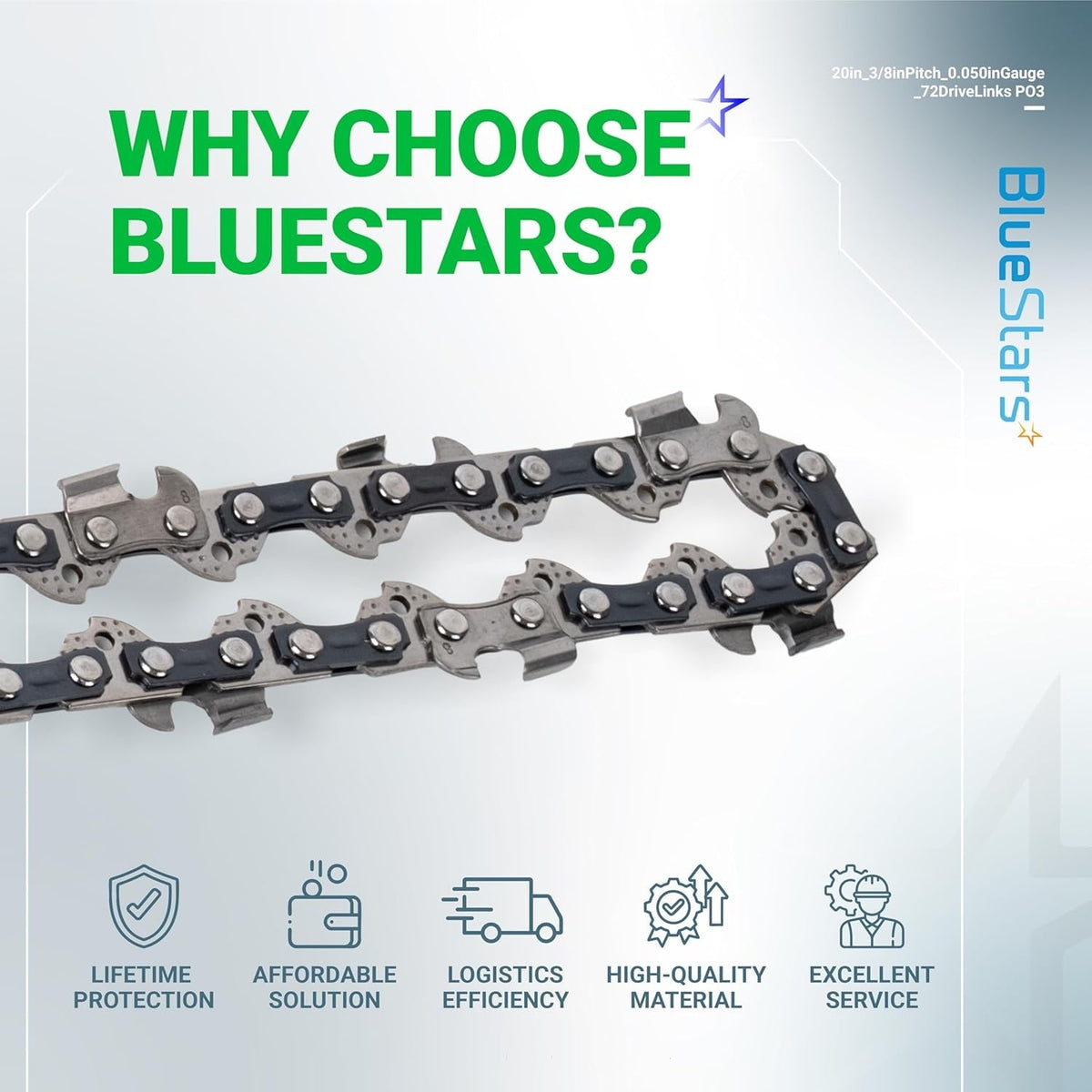 Close-up of 20-inch chainsaw chain with 3/8-inch pitch and 0.050-inch gauge, featuring BlueStars brand benefits graphic.