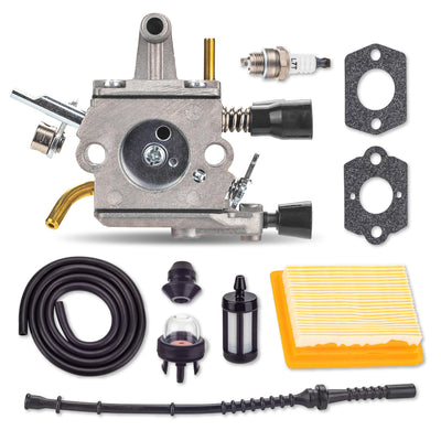 FS250 carburetor tune-up kit including fuel line, air filter, spark plug, gaskets, and primer bulb for string trimmers.