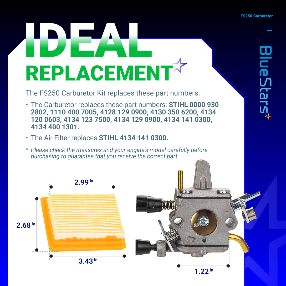 FS250 carburetor and air filter replacement kit with labeled dimensions for Stihl string trimmers.