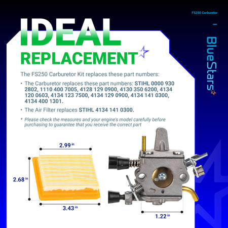 FS250 carburetor and air filter replacement kit with labeled dimensions for Stihl string trimmers.