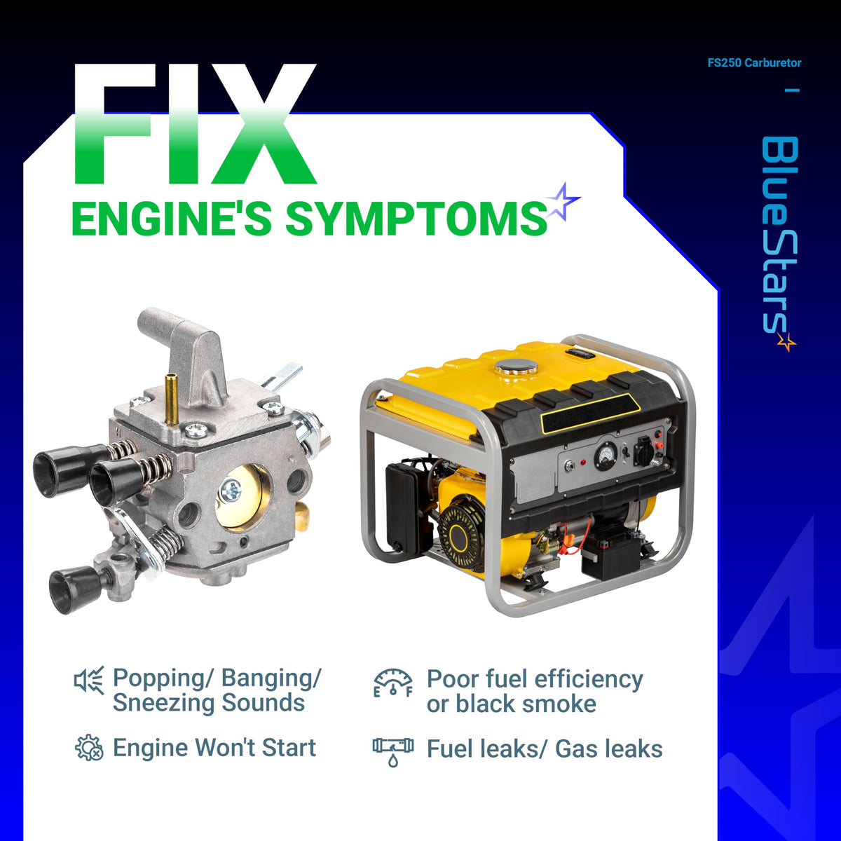 FS250 carburetor replacement part shown with a portable generator to illustrate common engine repair symptoms.