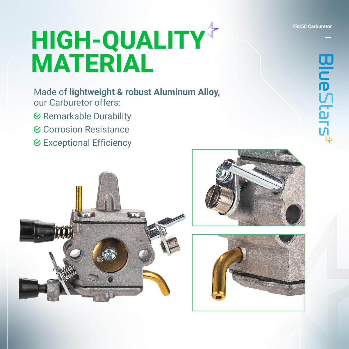 FS250 carburetor replacement showing aluminum alloy construction and close-up details of fuel intake and throttle linkage.