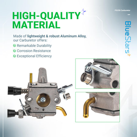 FS250 carburetor replacement showing aluminum alloy construction and close-up details of fuel intake and throttle linkage.