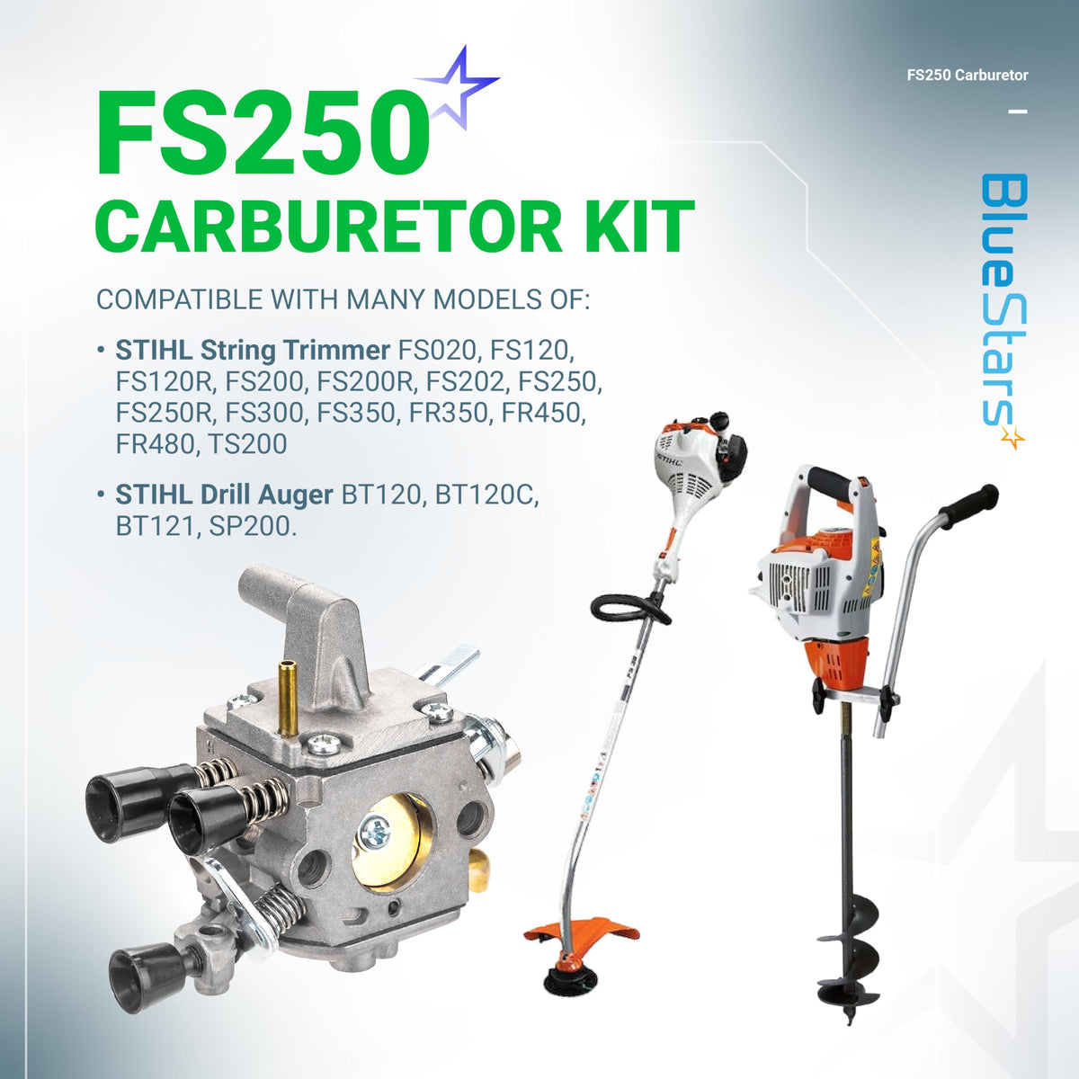 FS250 carburetor replacement kit for Stihl string trimmers and drill augers with compatibility list graphic.