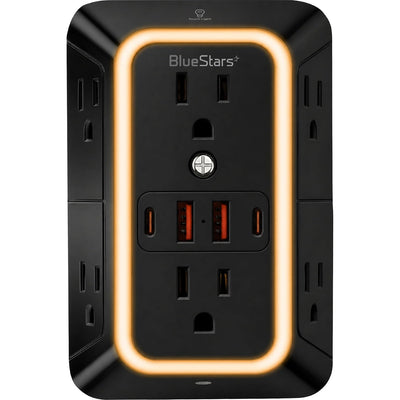 Wall Mount Power Strip Wall Charger, front view showing 6 outlets, 4 USB ports, and illuminated night light