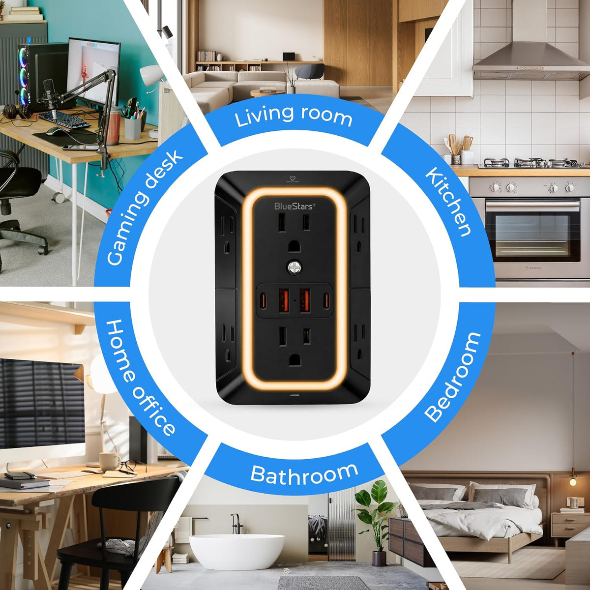 Wall Mount Power Strips Wall Charger, room-use infographic with black outlet extender shown at center