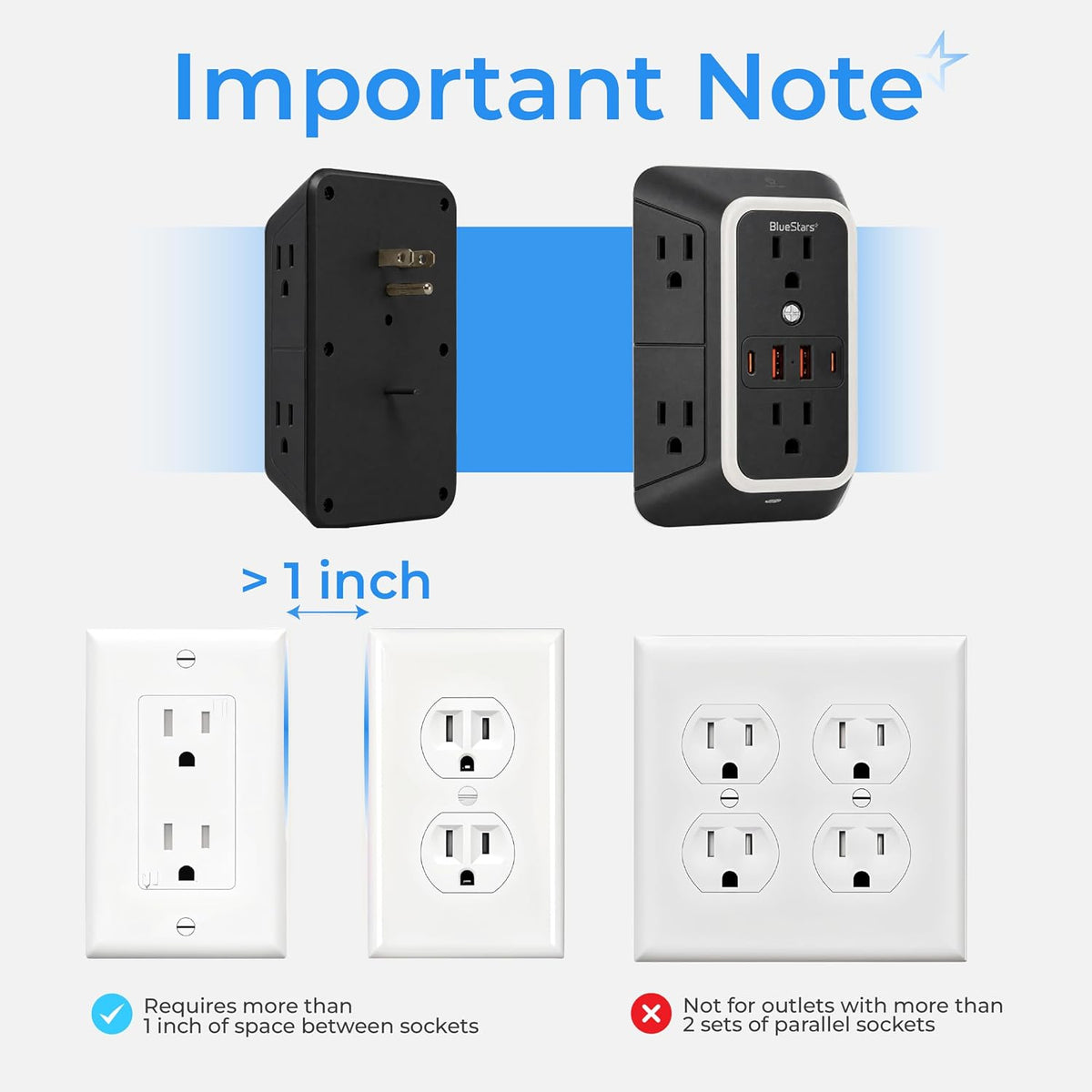 Wall Mount Power Strips Wall Charger 6 Outlet Extender 4 USB Ports: outlet spacing diagram showing over 1-inch clearance