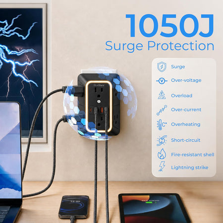 Wall mount power strip with 6 outlets and 4 USB ports shown installed, with 1050J surge protection graphic