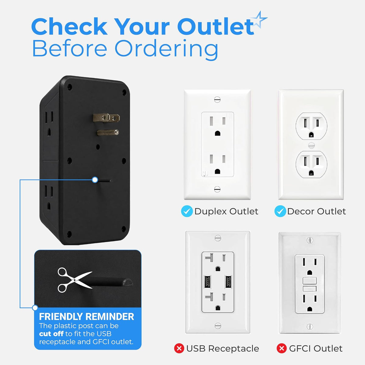 6-Outlet Wall Power Strip with 4 USB Ports shows rear mount and compatible duplex and decor outlets.