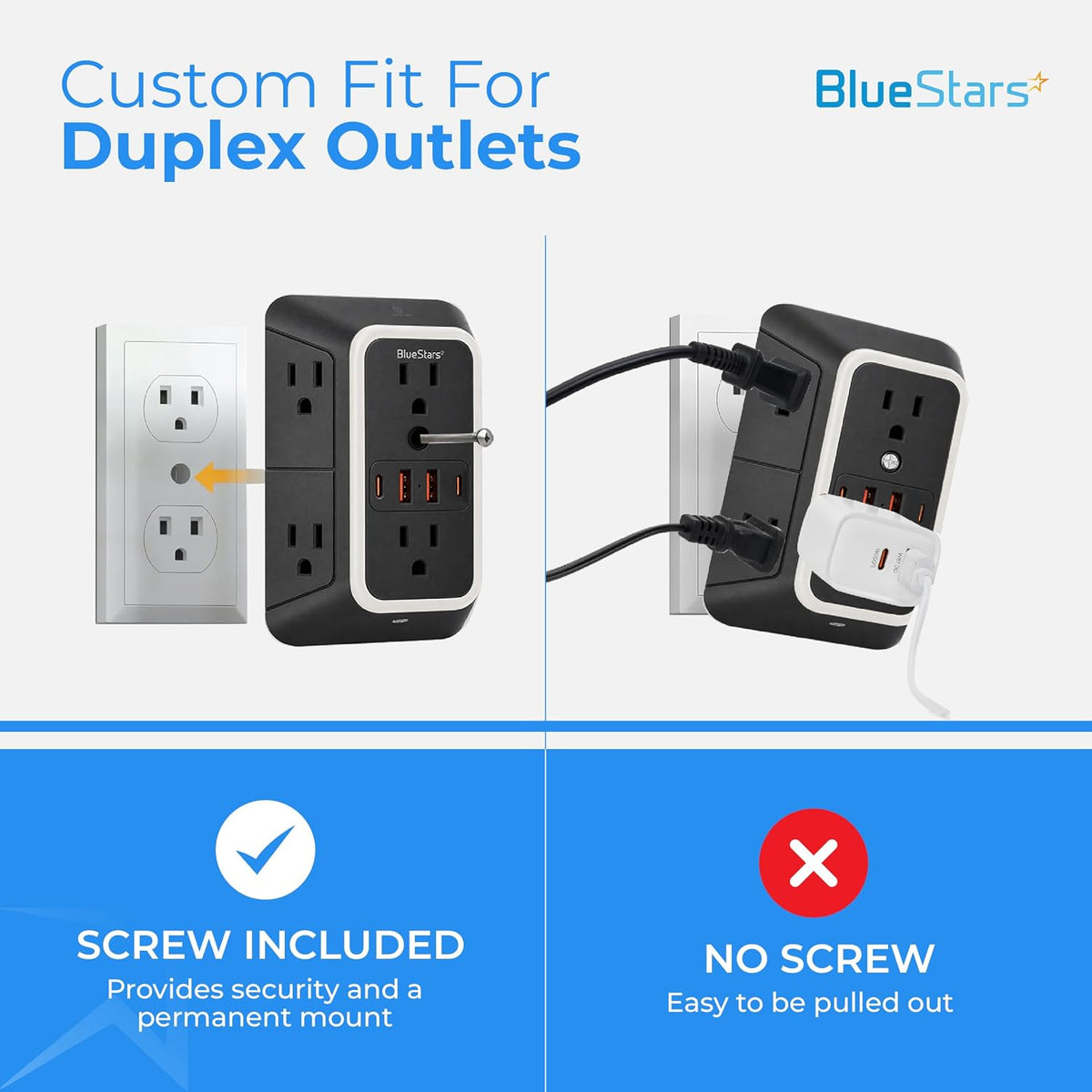 Wall Mount Power Strip, custom fit for duplex outlets, comparing secure screw mounting with easy pull-out mounting