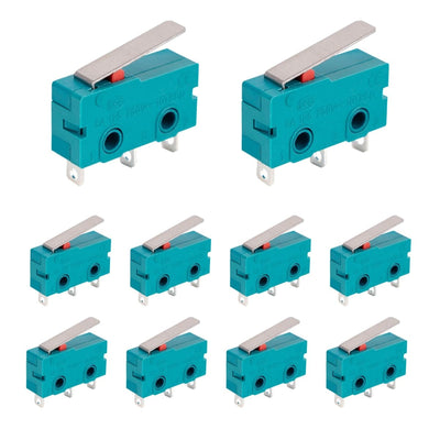Pack of 10 KW4-3Z-3 micro limit switches with 28mm lever arms and 3 terminals.