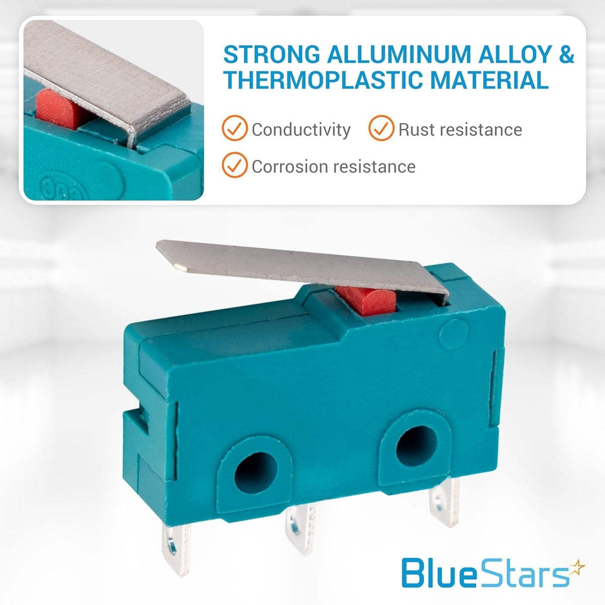 KW4-3Z-3 micro limit switch with 28mm lever arm and 3 terminals, showing durable thermoplastic and alloy construction.