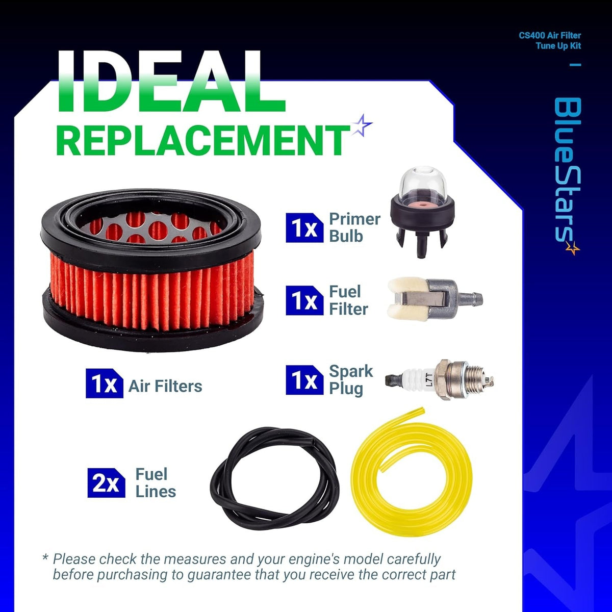 CS400 chainsaw tune-up kit including air filter, primer bulb, fuel filter, spark plug, and fuel lines.