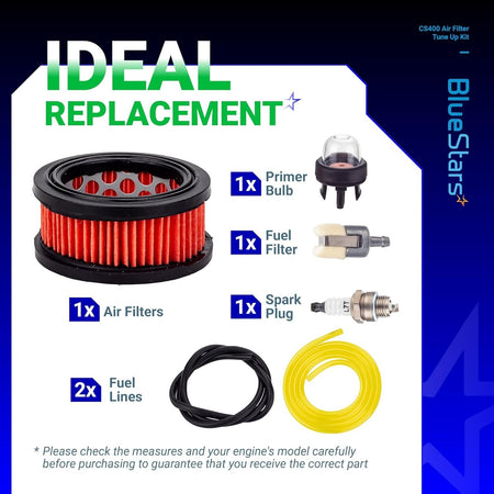 CS400 chainsaw tune-up kit including air filter, primer bulb, fuel filter, spark plug, and fuel lines.