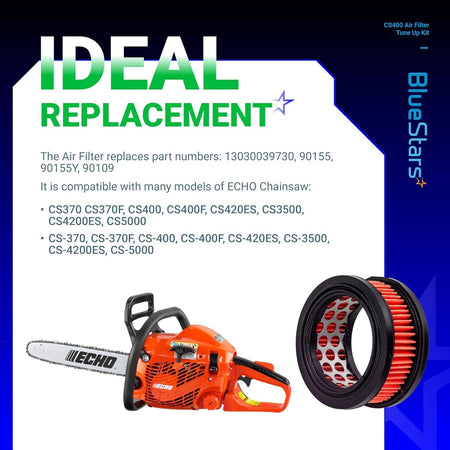 Replacement air filter for Echo CS-400 series chainsaws with compatibility information graphic.