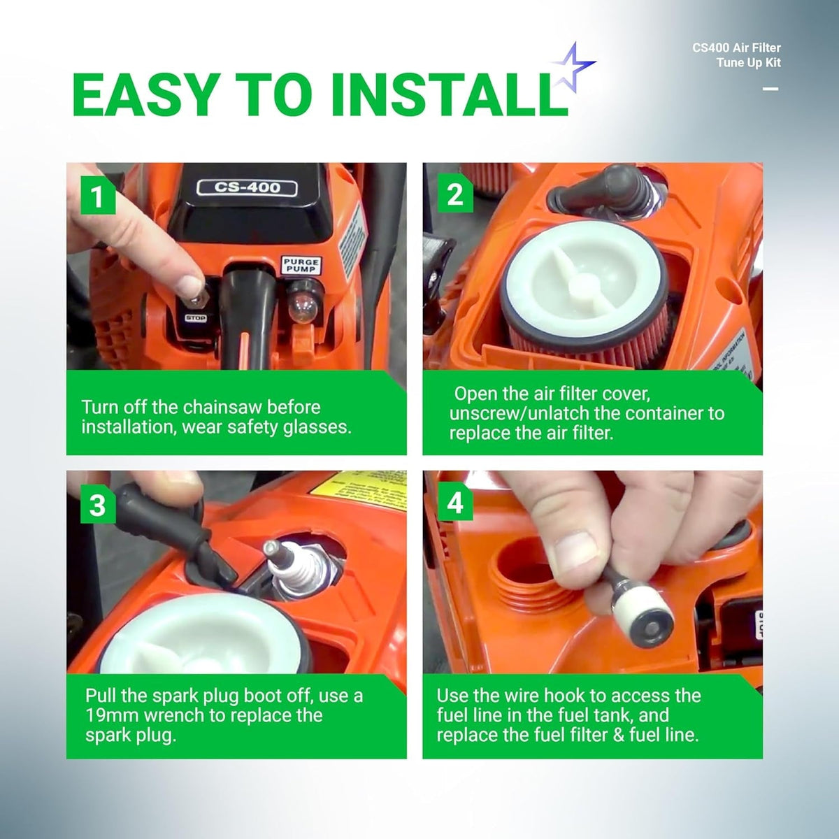 Four-step installation guide for Echo CS400 chainsaw air filter, spark plug, and fuel filter tune-up kit.