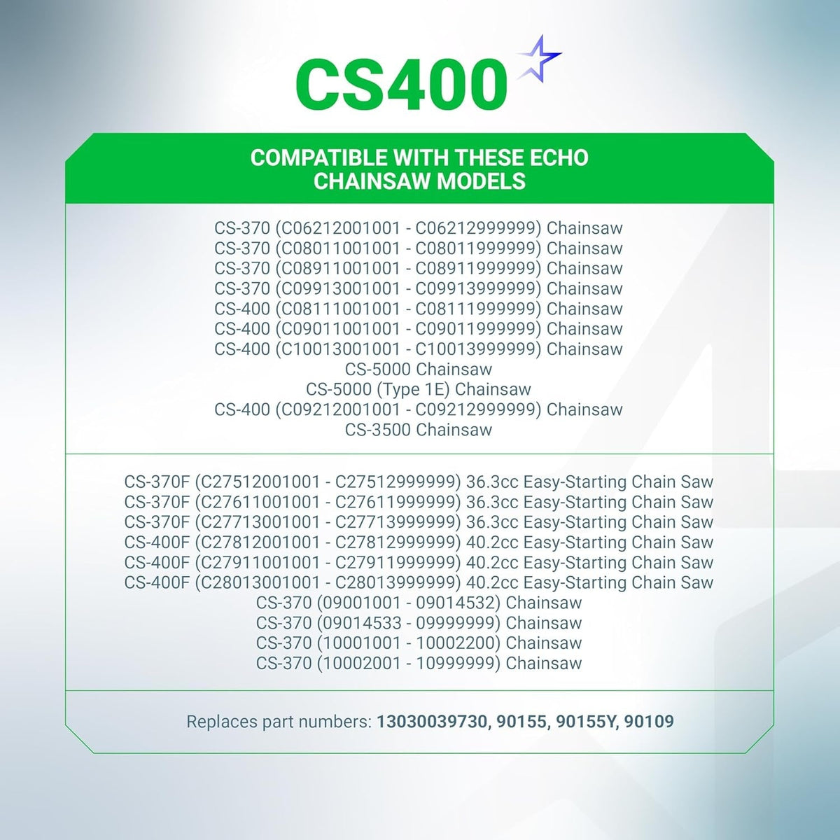 Compatibility chart for Echo CS400 chainsaw tune-up kit listing compatible models and part numbers.