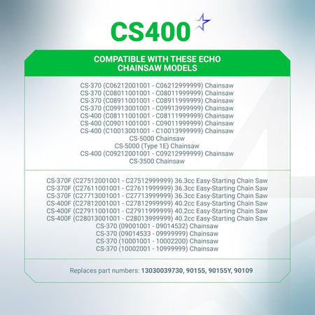 Compatibility chart for Echo CS400 chainsaw tune-up kit listing compatible models and part numbers.