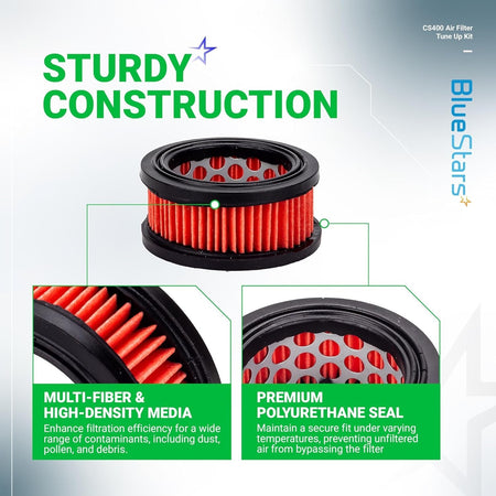 Close-up of Echo CS400 chainsaw air filter showing high-density filter media and durable polyurethane seal construction.