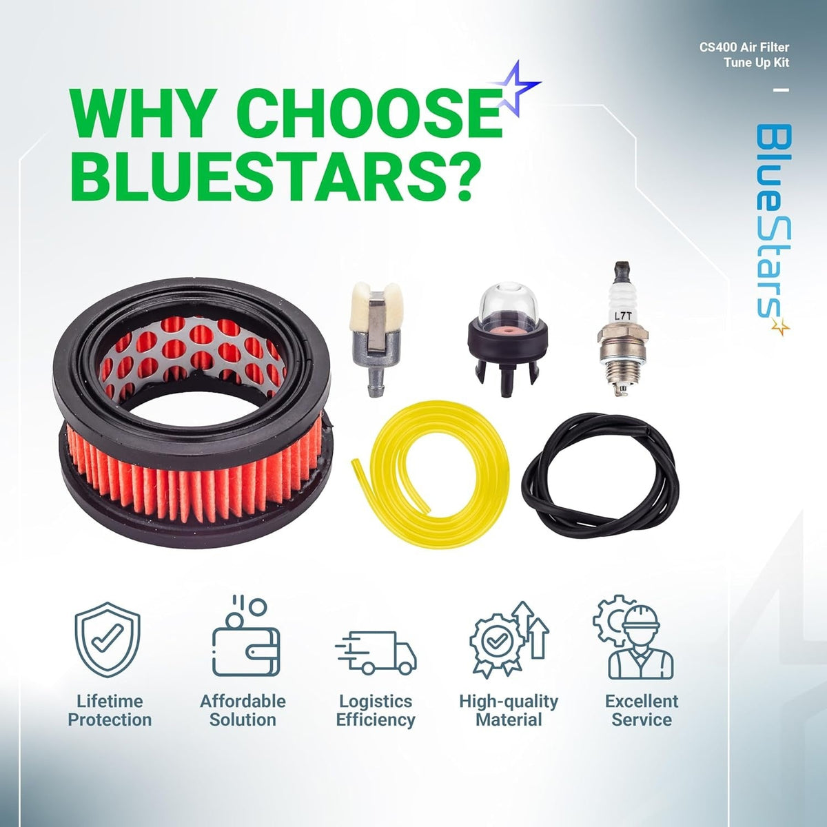 BlueStars CS400 chainsaw tune-up kit including air filter, primer bulb, spark plug, fuel lines, and fuel filter.