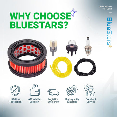 BlueStars CS400 chainsaw tune-up kit including air filter, primer bulb, spark plug, fuel lines, and fuel filter.