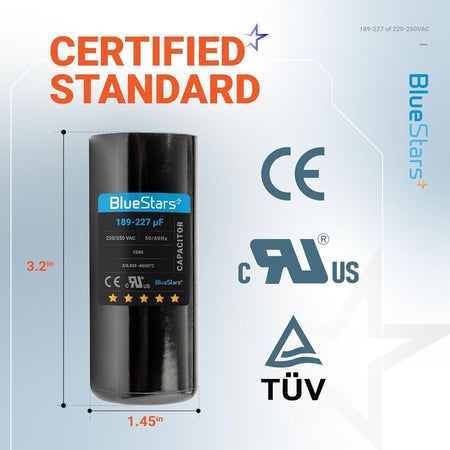 Single 189-227 uF round start capacitor with dimensions and certification labels shown.