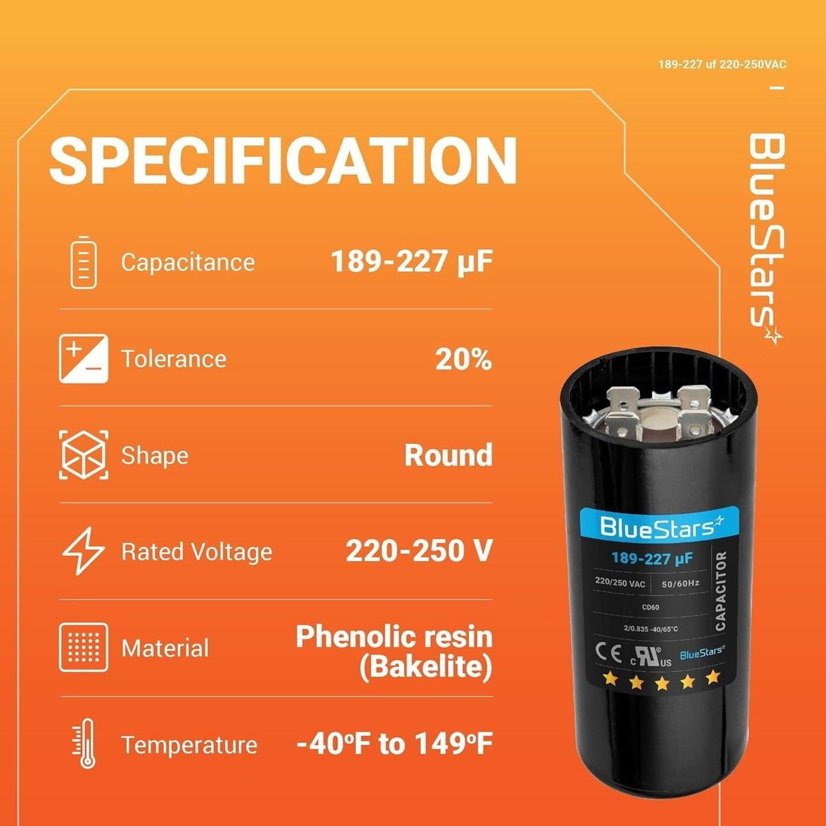 Specification chart for 189-227 uF 220-250 VAC round start capacitor with technical details and product image.