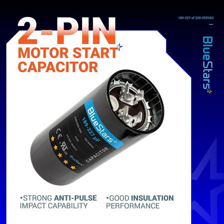 Single 189-227 uF 220-250 VAC round motor start capacitor with 2-pin terminal connection.