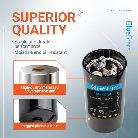 Infographic showing 189-227 uF 220-250 VAC round start capacitor features and construction details.
