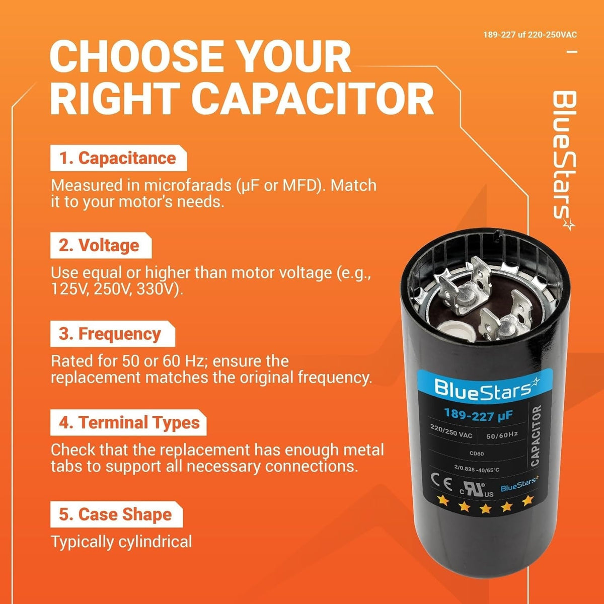 Educational infographic showing a 189-227 uF 220-250 VAC round start capacitor with terminal connection guide.