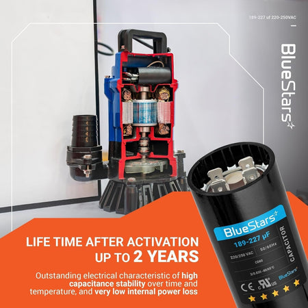 189-227 uF 220-250 VAC round start capacitor for single phase motor, shown with cross-section view of pump motor.