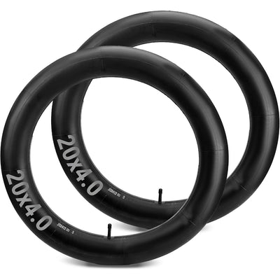 Two 20" x 4.0" butyl rubber bike inner tubes with Schrader valves stacked against each other.