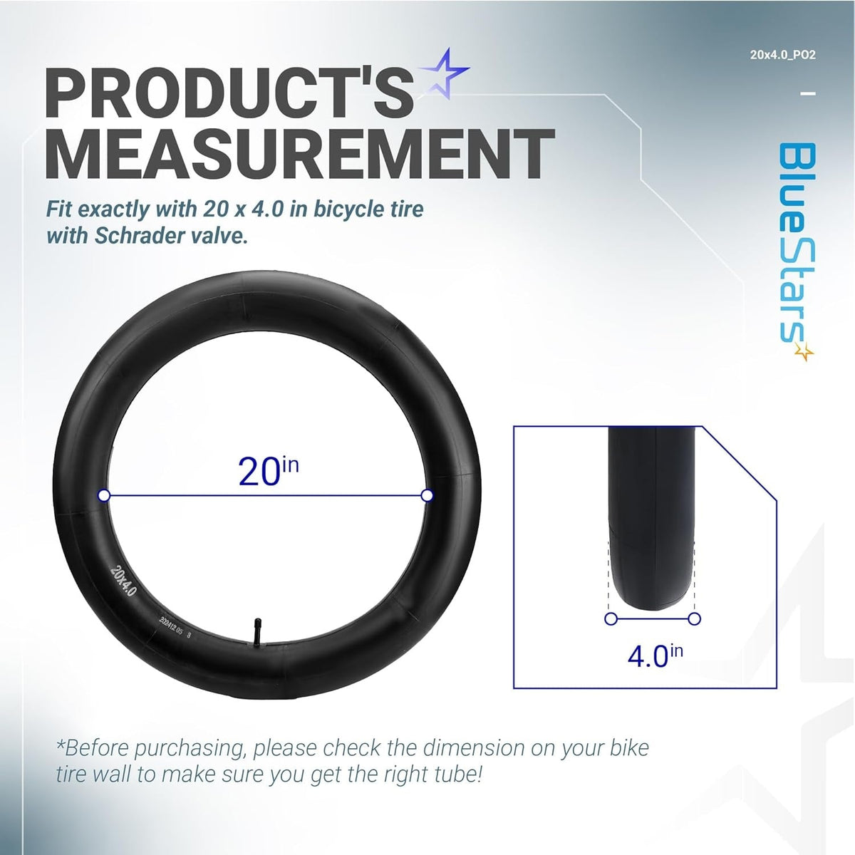 Infographic showing 20 x 4.0 inch bike inner tube measurements with Schrader valve compatibility.