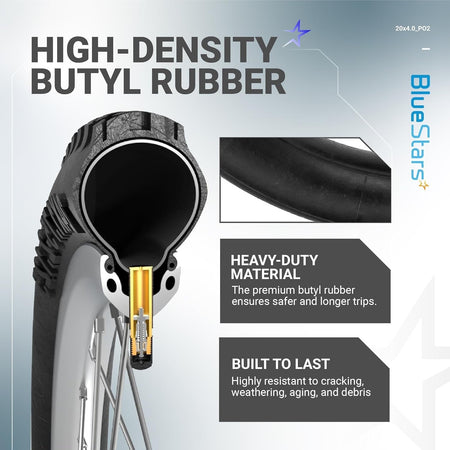 Cross-section diagram of 20" x 4.0" bike inner tube showing high-density butyl rubber construction and Schrader valve.